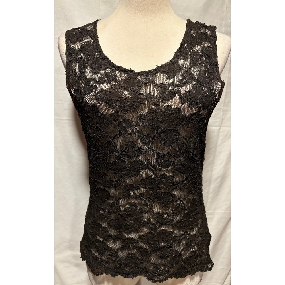 Lew Magram Vintage Black Stretch Lace Top Cami Scallop Bottom